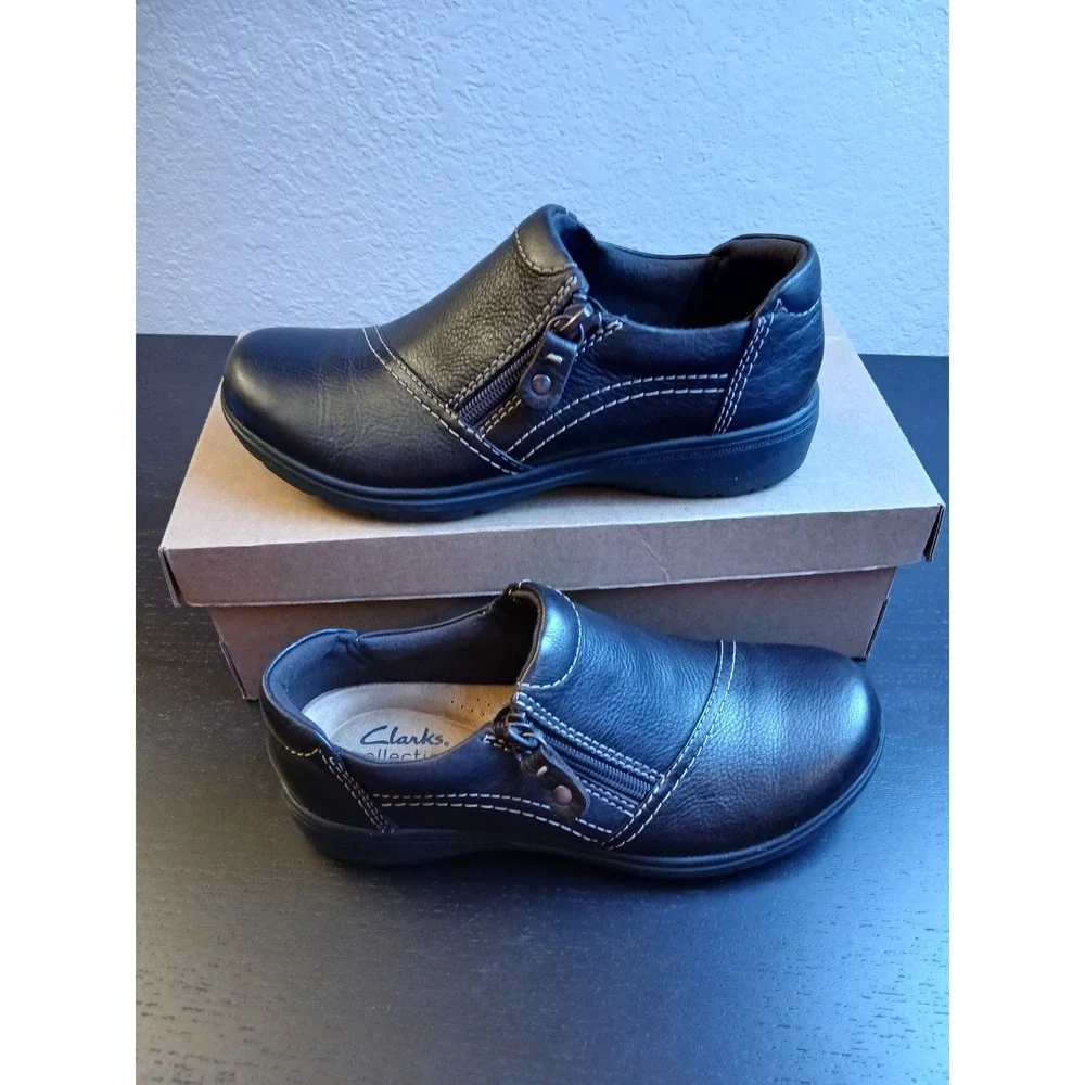 Clarks Collection Black Leather Zip Loafers Womens 6.5 M 261750534040 Comfort